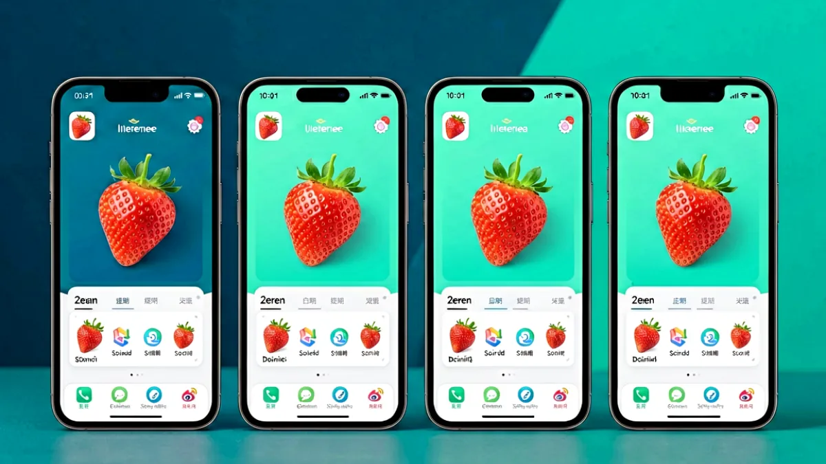 多名用户使用草莓app不同版本的手机屏幕并列对比，画面中呈现出各版本界面风格的差异与功能布局的直观区分