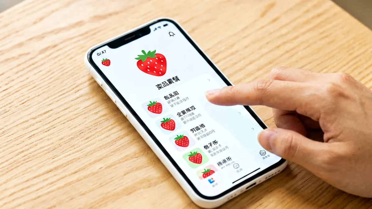 手机屏幕上展示草莓app主界面，红色草莓图标醒目，列表布局清晰整洁，手指正在滑动浏览功能区域
