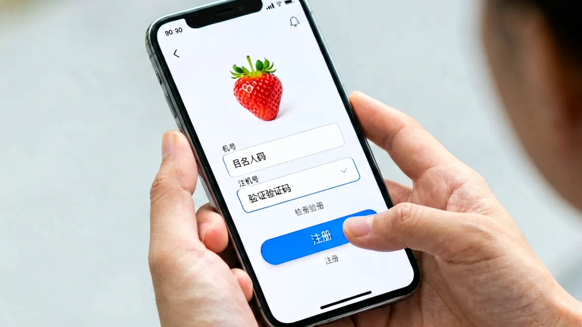 用户使用智能手机注册草莓app的界面截图，屏幕上显示手机号输入框、验证码输入区域和蓝色注册按钮，手指正准备点击确认