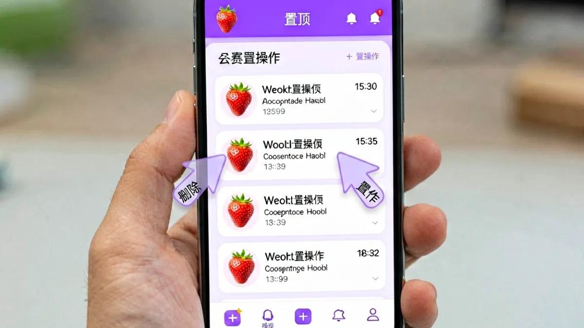 草莓app的消息列表页面特写，显示左侧滑动删除和右侧滑动置顶的操作手势示意，界面简洁清晰