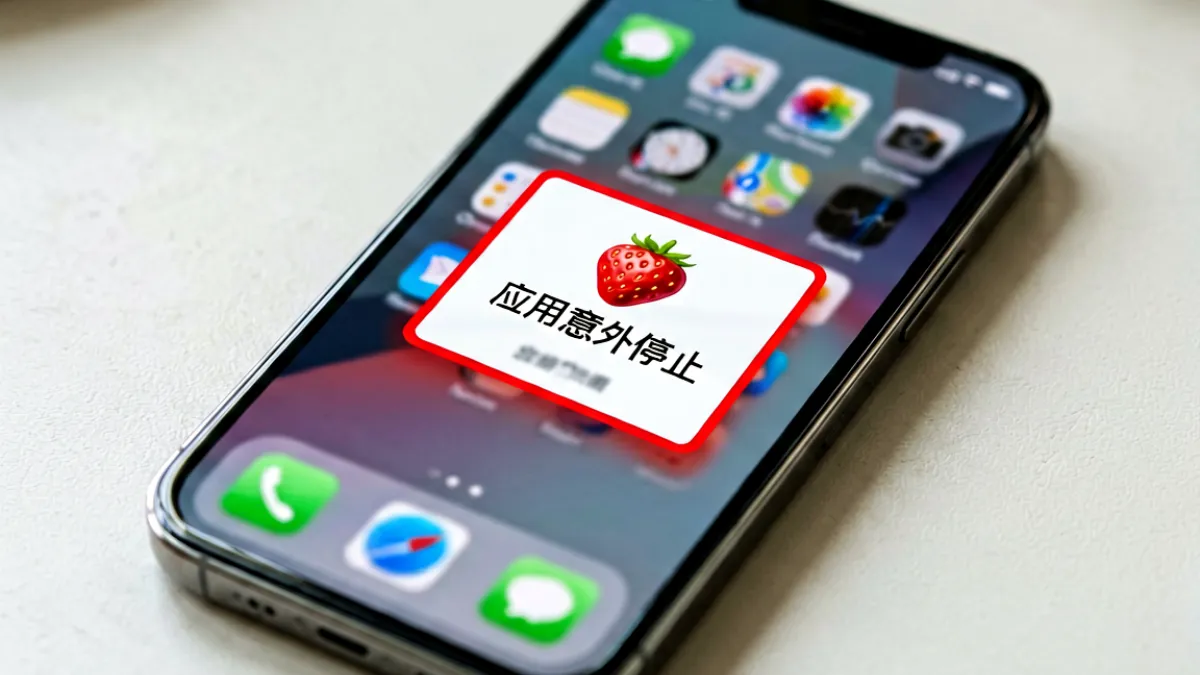 手机屏幕上显示草莓app闪退错误弹窗，背景是模糊的桌面图标，画面聚焦在红色错误提示框上